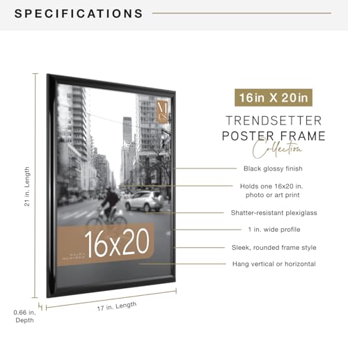 MCS Trendsetter 16x20 Poster Frame Black High-Gloss, Vertical & Horizontal Wall Hanging Large Picture Frame for Photos, Posters & Art Prints (1-Pack)