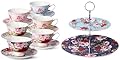 BTaT- Tea Cups and Saucers Set of 6 and Floral 2 Tier Round Porcelain Cupcake Stand