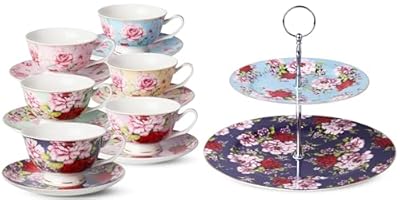 BTaT- Tea Cups and Saucers Set of 6 and Floral 2 Tier Round Porcelain Cupcake Stand