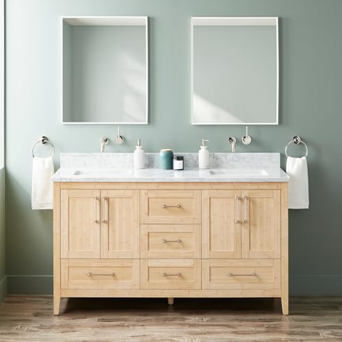 Signature Hardware 955154-60-RUMB-0 Arrietty 60" Freestanding Bamboo Double Basin Vanity Set with Cabinet, Vanity Top, and Rectangular Undermount Sinks - No Faucet Holes - Natural Bamboo/Carrara