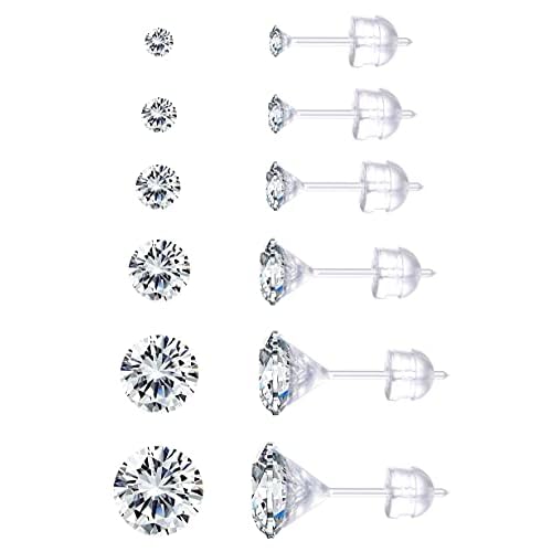 Jstyle 6Pairs Clear Plastic Post Stud Earrings for Women Plastic Earrings for Sensitive Ears Cubic Zirconia Stud Earrings Set 3mm-8mm