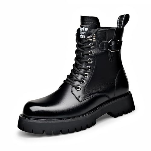 BGSMGISKD Men's Chunky Platform Motorcycle Combat Boots with Lace-Up Fashion Leather Side Zipper Non-Slip Lug Sole Comfortable Chukka Ankle Booties Waterproof High-Top Biker Boots (Black/Velvet,7.5)
