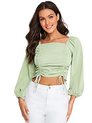 SheIn Women s Puff Long Sleeve Square Neck Blouse Shirred Drawstring Crop Tops Mint Green Small