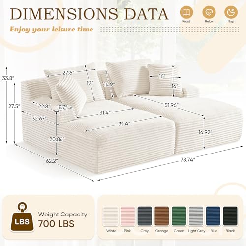 Image of Oversized Chaise Lounge Chair Indoor,78.7 inchW Upholstered Corduroy Cloud Sofa Boneless Couch,Modern Deep Seat Comfy Sofa Chair,Loveseat Sleeper Couch Bed for Livingroom,Bedroom,No Assembly(White)