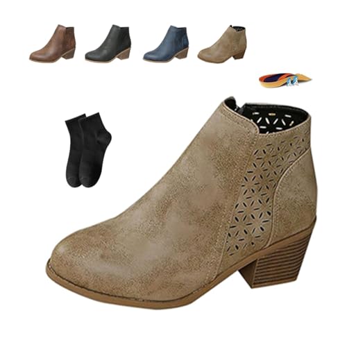 Botines ortopédicos gruesos de cuero para mujer, tacón medio, sin cordones, para otoño e invierno, tacón bajo, punta puntiaguda, soporte de arco, botines cortos con cremallera lateral, botas ligeras