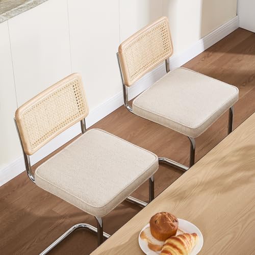 Image of Zesthouse Natural Rattan Counter Stools Set of 2, 26 inch Modern Counter Height Barstools, Thick Linen Bar Stools with Solid Wood Back, Mid Century Cantilever Bar Chairs for Kitchen Island Beige Yellowish