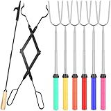 Patelai 8 Pcs Campfire Accessories for Outside Include 6 Pcs 34" Smores Sticks for Fire Pit 32" Campfire Poker 25" Fireplace Tong, Marshmallow Roasting Sticks Camping Gear Essentials Hot Dog Fork