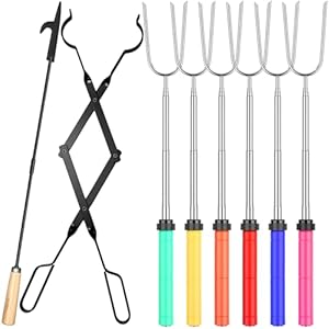 Patelai 8 Pcs Campfire Accessories for Outside Include 6 Pcs 34″ Smores Sticks for Fire Pit 32″ Campfire Poker 25″ Fireplace Tong, Marshmallow Roasting Sticks Camping Gear Essentials Hot Dog Fork