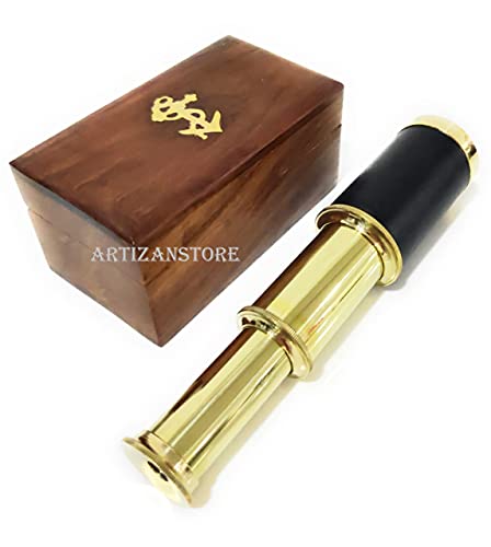 Brass Handheld Telescope, Functional Vintage Telescope, Pirate Navigation with Anchor Wooden Box (Black Leather), Portable Collapsible Marine Spyglass Collectible Décor, 6”