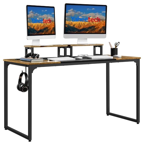 Yaheetech Bureau Informatique, Table d'Ordinateur, 140 x 60 x 75cm, Bureau Gaming/Travail/d'Étude avec Support de Moteur/2 illets pour Cables/1 Crochet...