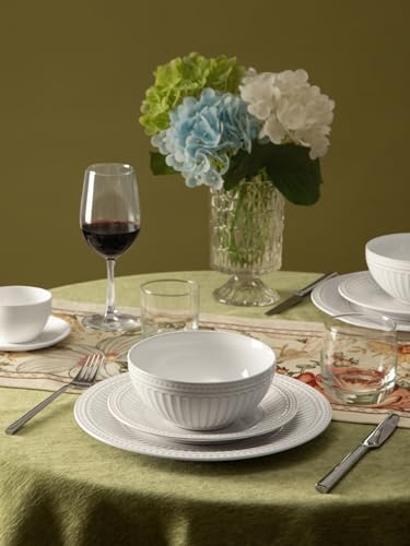 Image of Famiware Garden 18-Piece Embossed Plates and Bowls Sets, Stoneware Reactive Glaze Dishes Dinnerware Set, Modern Rustic, Chip & Scratch Resistant, Microwave & Dishwasher Safe, Service for 6, White