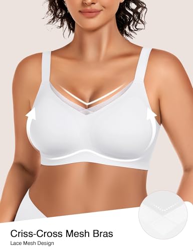 Image of VRVOCIE Wireless Bras for Women No Underwire Crossover V Mesh Seamless Supportive Bralettes Full Coverage Everyday Bra, White X-Small
