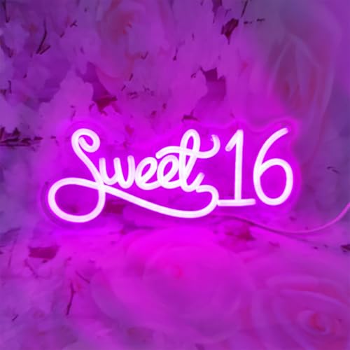 Image of Sweet 16 Neon Signs for Wall Decor, Sweet Sixteen Party Decorations Sweet 16 Neon Sign Sweet Sixteen Decorations LED Light Sign for Birthday Party Commemorative, 13.3 inch x 5.59 inch