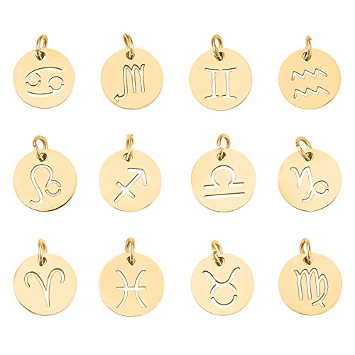 UNICRAFTALE 12 pcs en Acier Inoxydable 12 Constellations Charme Signe du Zodiaque Pendentifs Charmes d'or 3mm Trou Plat Rond avec Pendentif Constellation pour Bijoux Artisanat Fabrication 12mm