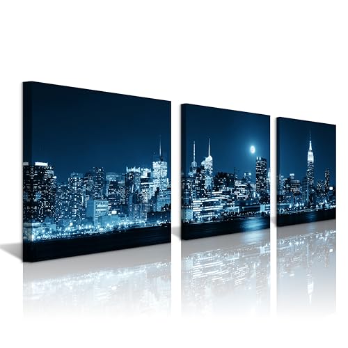 NAN Wind 3-Piece Modern Manhattan Night Skyline Canvas Art Blue Moon Urban Cityscape Wall Decor Contemporary NYC-Inspired Night View Panoramic Prints Framed City Canvas Set for Home Office Living Room