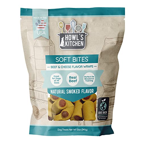 Howl's Kitchen Beef and Cheese Flavor Wraps, 12 oz Bag, 1 Count, Natural Smoked Flavor, Rawhide Free, Soft and Chewy Dog Treats for Training, For All Breed Sizes