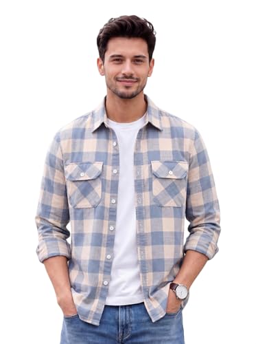 Image of Amazon Brand - INKAST Men's Cotton Blend Button Down Shirt || Long Sleeve Casual Flannel Check Shirt || Soft Breathable Lightweight Collared Shirts with Two Flap Chest Pockets || Stylish Everyday Wear