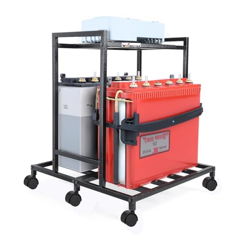 Image of WINSTAR 2-Tier UPS Stand for Home and Office | Metal Inverter Trolley with Wheels | Battery Holder for Inverter with Shelf | Black, 2 Shelf (Double Battery Stand)