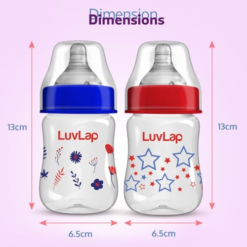Image of LuvLap Anti-Colic Wide Neck Natura Flo Baby Feeding Bottle, 150ml (Pack of 2), New Born /Infants /Toddler Upto 3 Years, Stars, BPA Free
