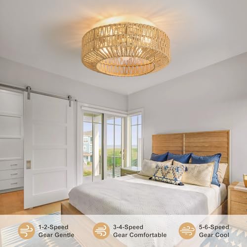 Boho Ceiling Fan with Light and Remote,Rattan Fandelier Ceiling Fan with Light Flush Mount Woven Farmhouse Caged Ceiling Fans for Bedroom Living Room Kitchen(Enclosed 6 Speeds) - Image 2