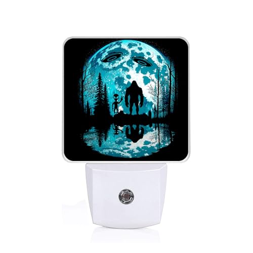 Image of Bigfoot and Alien Night Light, Plug-into Wall Moon Forest Nightlight Lamp with Dusk to Dawn Sensor, Led Lamp 0.5W Energy Efficient for Boys Girls Adults Home Decor