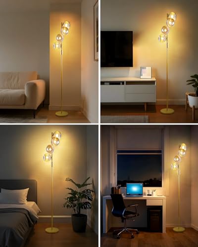 Image of Lightdot 64IN Dimmable Floor Lamp with Glass Globe Shade, Modern Gold Standing Lamps with 4PCS Bulbs Included Soft Warm White, Mid Century Floor Lamp with 5Lbs Heavy Base for Living Room /Sofa Beside