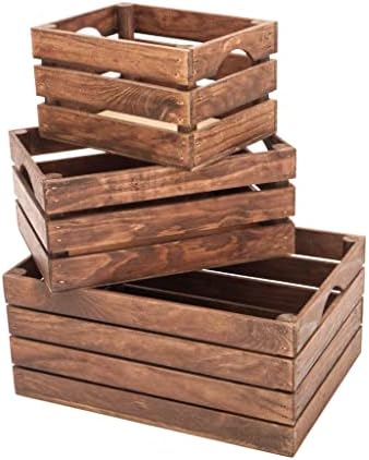 Rustic Wood Crates for vintage decorative display, Nesting Crate set for storage and farmhouse style decor, wooden boxes made from 100% Wood (Dark Brown, Nested Set of 3)