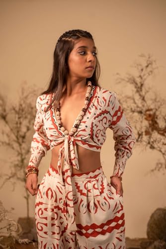 Image of REYYA Label Women's Cotton Bohemian Co-ord Set Casual V-Neck Full Sleeves Crop Top Printed Elasticated Straight Pant Set for Girls (Beige)