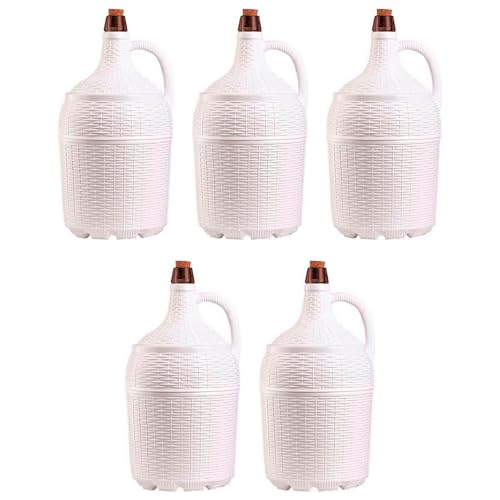 ACAN Tradineur – Pack de 5 Garrafones de cristal con forro de plástico - Capacidad de 5 Litros - Botella para el almacenaje y conservación de bebidas- Ø 18 x 37 cm - Color Blanco