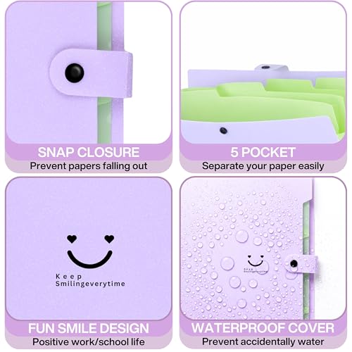 Image of SPS 5 Pocket Expanding File Folder Smile Design - Fits A4 & Letter Size Document Organizer, Accordion File Folders, File Holder for Office, Portable File Organizer, School & Home - Pastel Lavender