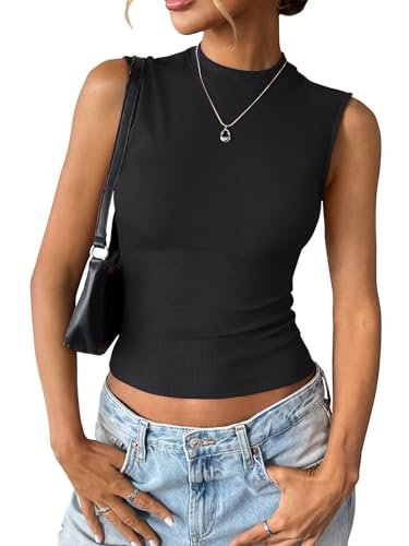 Womens Cotton Ribbed Tank Tops Sleeveless Mock High Neck Top Fitted Basic Summer Cami Shirts Y2K Outfits 2025