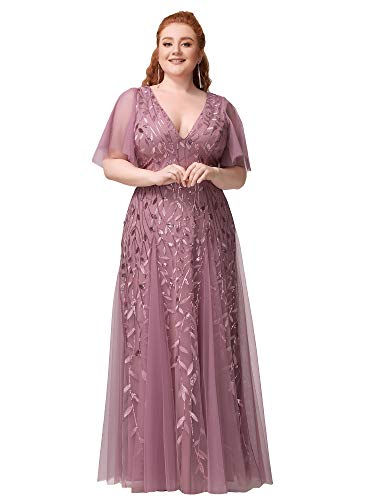 Image of Ever-Pretty Women's Sequin V Neck Plus Size Formal Dresses Evening Gown | Short Sleeve, A-Line, Empire Waist, Plus Size Mother of the Bride Dresses, Plus Size Gala Dress