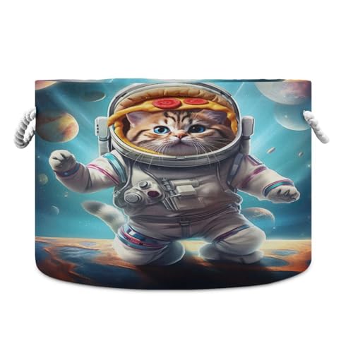 Round Cute Space Astronaut Cat Storage Basket Large Organizer Bin Laundry Hamper Toy Storage Basket with Handle for Nursery Clothes Toys 202b5001