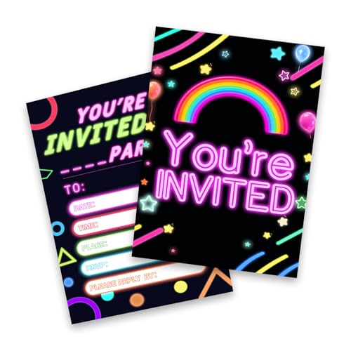 20PCS Neon Rainbow Party Invitations Neon Theme Party Invitation Rectangular Cards Glow in The Dark Vibrant Invite Cards for Kids Birthday Game Nights Disco Festival Rave Parties Themed Celebrations