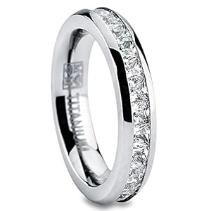Metal Masters 3MM High Polish Princess Cut Ladies Eternity Titanium Ring Wedding Band with Cubic Zirconia CZ Size 4 to 9