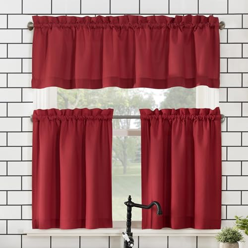 No. 918 Martine Microfiber Semi-Sheer Rod Pocket Kitchen Curtain Valance and Tiers Set 54 x 45 Red