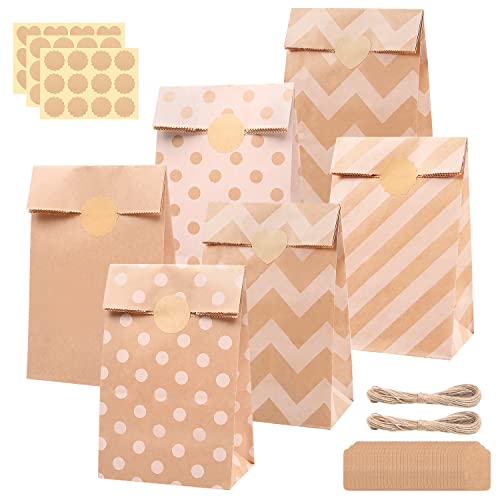 MAMUNU 30 Stück Papiertüten Braun, Party Geschenktüten Kraftpapiertüten mit 36 Stück Aufklebern 20 m Hanfseil und 30 Stück Etikett, Papiertüte für Giveaways, Kindergeburtstag, Hochzeit,und Süßigkeiten Cover