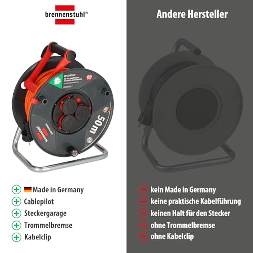 Brennenstuhl Garant V2 IP44 Kabeltrommel 50m outdoor (Made in Germany, 3 Schutzkontakt-Steckdosen, Überhitzungsschutz, kurzfristiger Einsatz im Außenbereich)