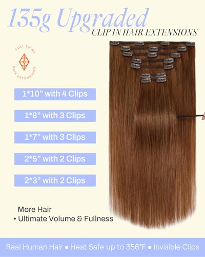 Image of Full Shine Copper Brown Hair Clip in Extensions, Ginger, 16 Inch 135g 7Pcs | Real Human Hair Extensions Clip ins, Straight Thick Hair Extension, Full Volume, Fine Hair, Natural Blend