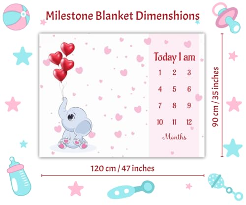 Image of Baby Monthly Milestone Blanket | 1-12 Months | Soft All-Season AC Blanket | Ideal for Newborn Boys & Girls | Perfect Growth Tracker & Photoshoot Prop with Lovable Elephant | 120x90 cm