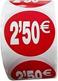 3 rollos de etiquetas de precio '2.5€' para productos rebajados | 1.500 pegatinas autoadhesivas de descuento en color rojo brillante | Pegatinas redondas para etiquetar ofertas de Ø35 mm (2.5€-3)