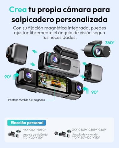 BOTSLAB 4 Canaux Dashcam Voiture 560°, avec Kit de Câblage, 128 GB Carte - 4