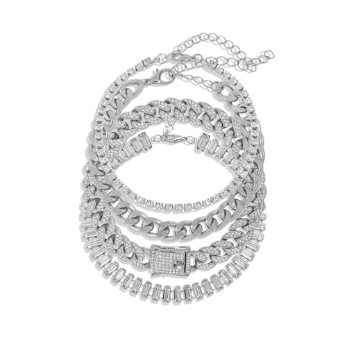 KOSMOS-LI 4PCS Gold Silver Bracelets for Women Rhinestone Cuban Chain Bracelet Layered Link Bracelet Set Fashion Jewelry