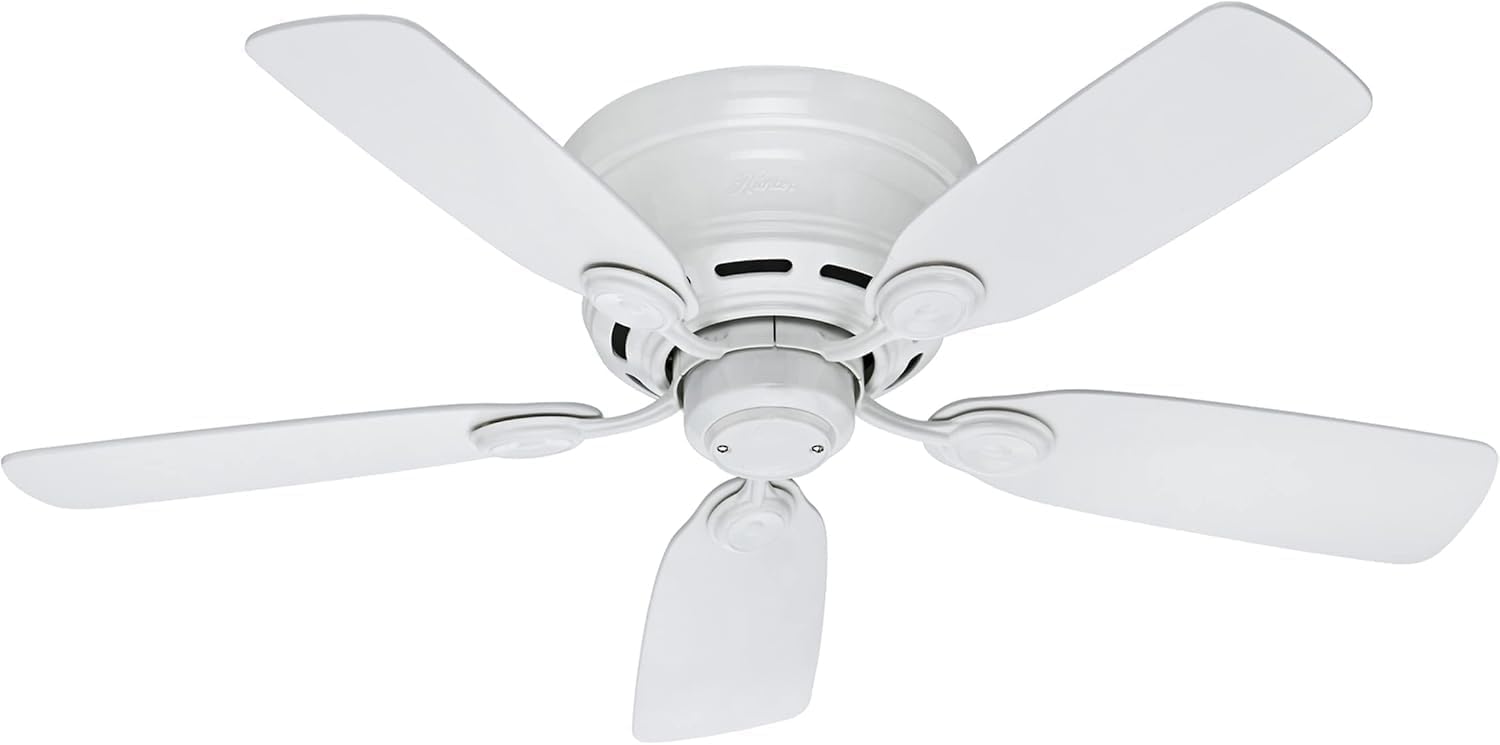 Hunter 42 inch Indoor Ceiling Fan No Light - White Ceiling Fan without Light, Low Profile Flush Mount, 5 Blades, For Bedroom, Living Room, or Kitchen, Pull Chain - Low Profile IV 51059, Snow White