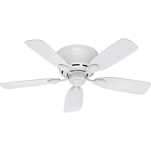 Hunter 42 inch Indoor Ceiling Fan No Light - White Ceiling Fan without Light, Low Profile Flush Mount, 5 Blades, For Bedroom, Living Room, or Kitchen, Pull Chain - Low Profile IV 51059, Snow White