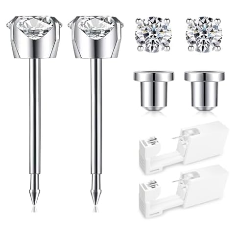 SugarTang Ear Piercing Kit | Disposable Ear Piercing Gun Kit Made in 316L Surgical Stainless Steel 4mm - 4prong Cubic Zirconia | At Home Self Piercing Kit with Earrings Studs Cover