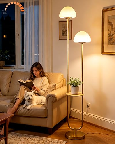 Image of 2-Light Gold Dimmable Floor Lamp with Table, Modern Floor Lamps for Living Room, 3000K Warm White Tall Standing Lamp with Mushroom Shades & Bulbs for Bedroom /Office