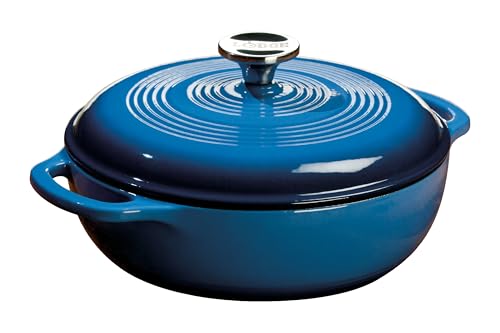 Lodge 3 Quart Enameled Cast Iron Dutch Oven with Lid – Dual Handles – Oven Safe up to 500° F or on Stovetop - Use to Marinate, Cook, Bake, Refrigerate and Serve – Caribbean Blue