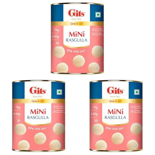 Image of Gits Open & Eat Mini Rasgulla, 30 Pieces Per Can, Authentic Bengali Sweet, 1Kg (Pack of 3)