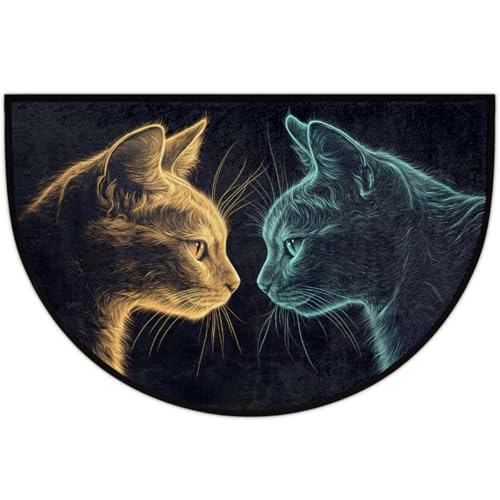 Image of cfpolar Half Round Door Mat Animal Blue Cat Cute Kitten Non-Slip Semi Circle Area Rug Washable Half Moon Hearth Rugs for Indoor Outdoor Bathroom Kitchen Patio Runner Mat Laundry Room Home Decoration